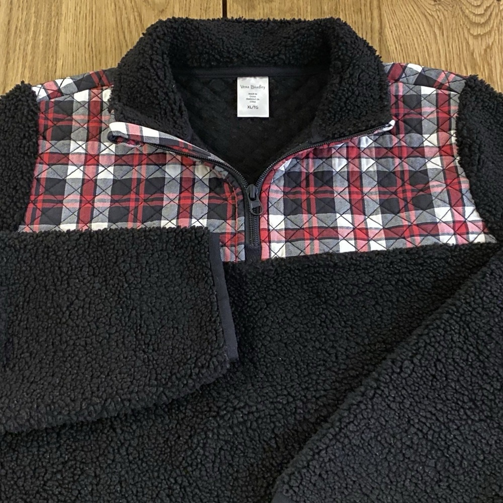 Vera Bradley Teddy Sherpa Pullover Women's XL Black Preppy Paris Plaid